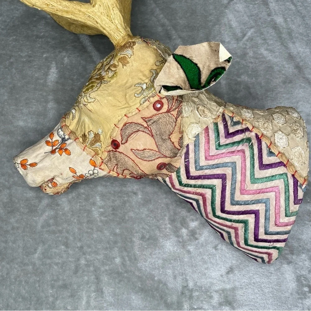 Faux Kantha Patchwork Deer Stag Fabric Covered Wall Decor Gold Antlers Boho